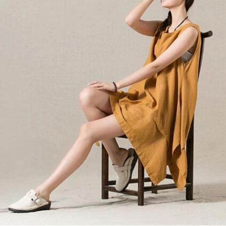 Yellow layered linen dress sleeveless cotton sundress - Omychic