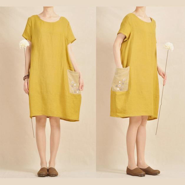 Yellow linen shift dress orginal summer dresses - Omychic