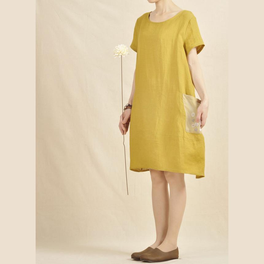 Yellow linen shift dress orginal summer dresses - Omychic