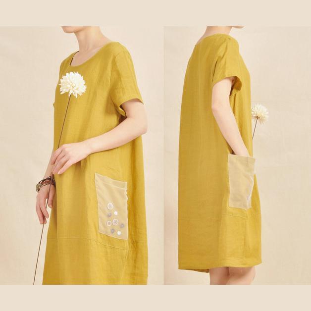 Yellow linen shift dress orginal summer dresses - Omychic