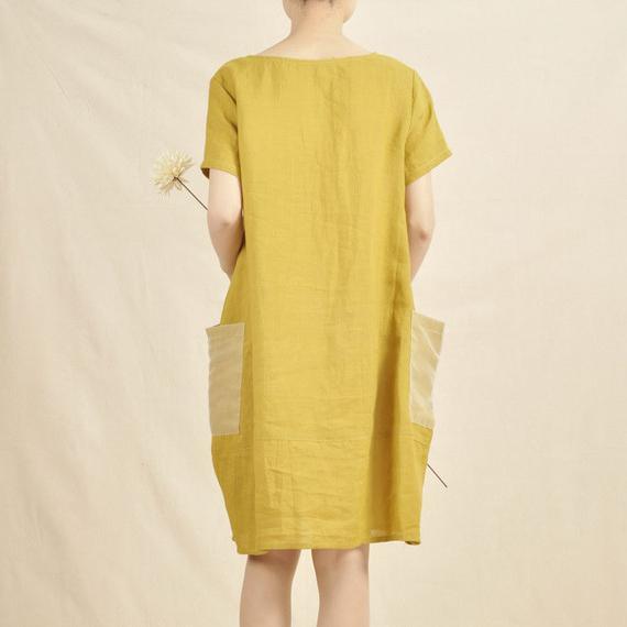 Yellow linen shift dress orginal summer dresses - Omychic