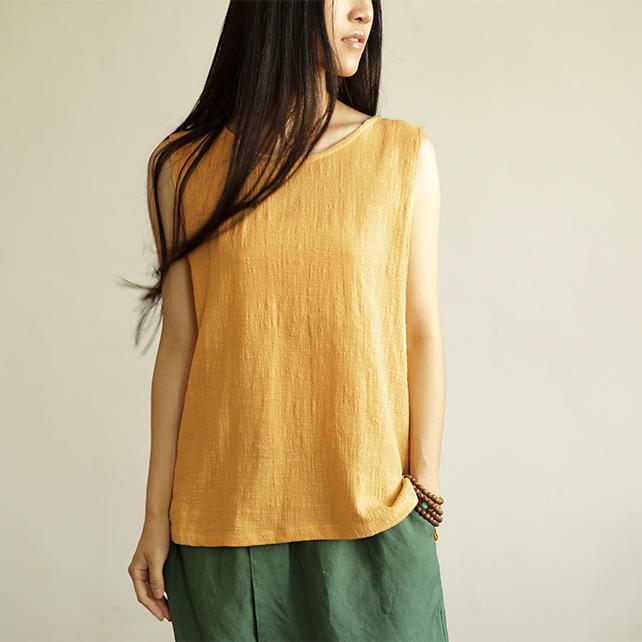 Yellow o neck women linen tank top shirt summer blouse linen sleeveless - Omychic