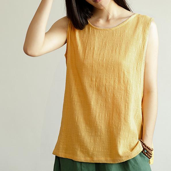Yellow o neck women linen tank top shirt summer blouse linen sleeveless - Omychic