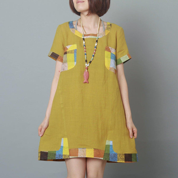 Yellow summer linen dress materniy dress pure linen shift sundress - Omychic