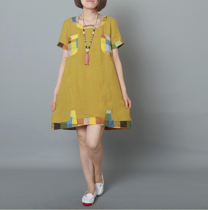 Yellow summer linen dress materniy dress pure linen shift sundress - Omychic