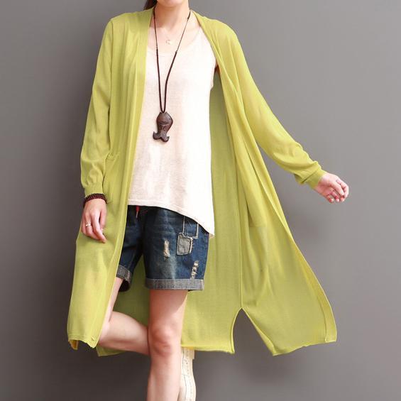 Yellow thin linen maxi coat summer cotton cardigans - Omychic