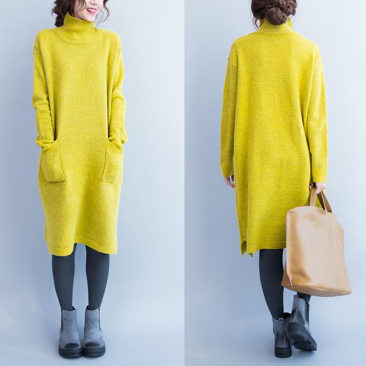 Yellow turtle neck knitted dress long woolen sweater dresses - Omychic