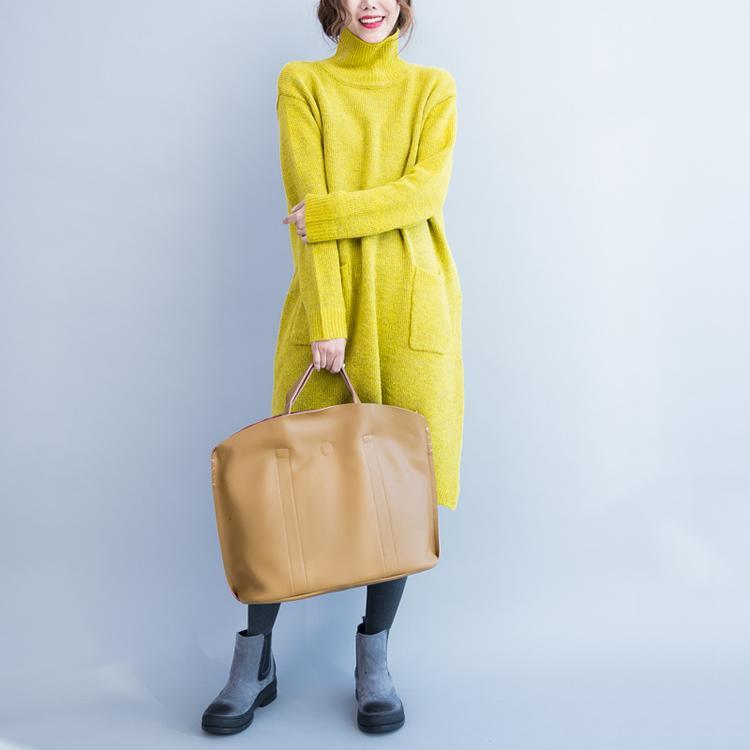 Yellow turtle neck knitted dress long woolen sweater dresses - Omychic