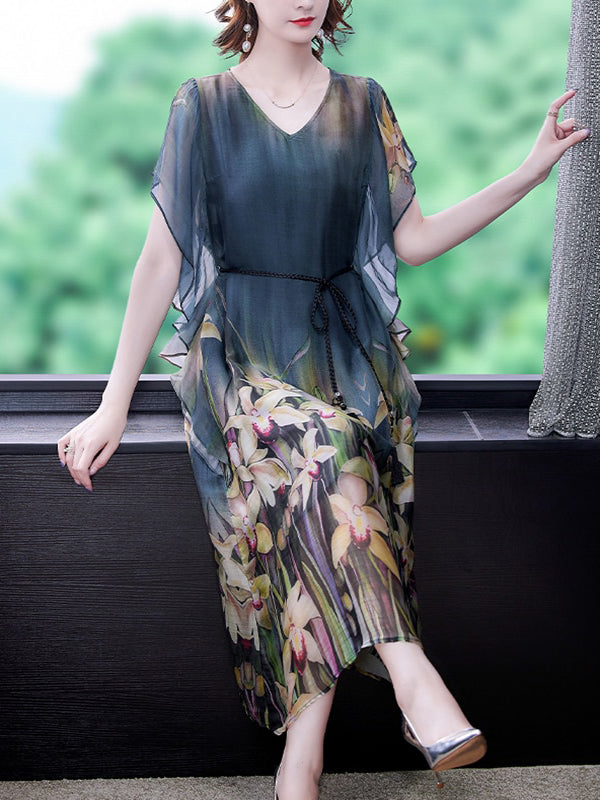 Vintage French V-neck Chiffon Silk Long Dress