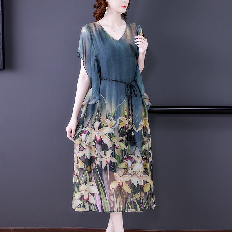 Vintage French V-neck Chiffon Silk Long Dress