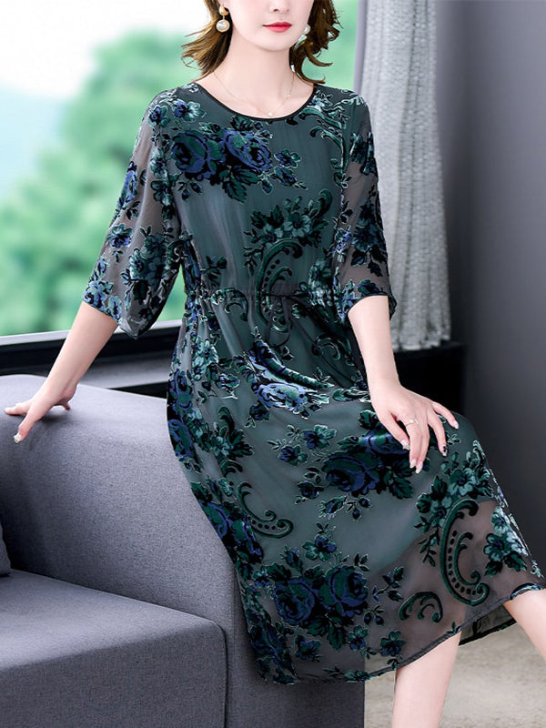 Loose Waist Golden Velvet Slim Silk Jacquard Dress