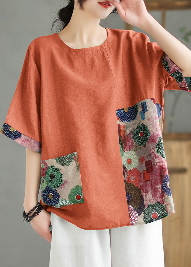 Women Orange O Neck Print Patchwork Linen T Shirt