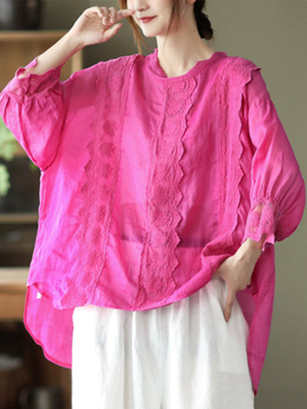 Casual Loose Long Sleeves Split-Joint Solid Color Round-Neck T-Shirts Tops