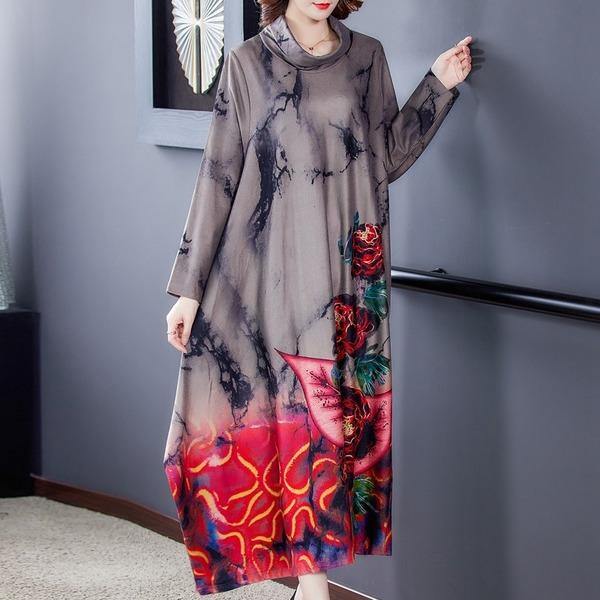 omychic plus size cotton velvet vintage floral women casual loose autumn winter dress - Omychic