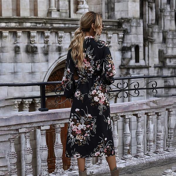 Puff Sleeve Spring Winter Floral Dress Women Casual Bow Stand Collar High Wasit Long Sleeve Dress - Omychic