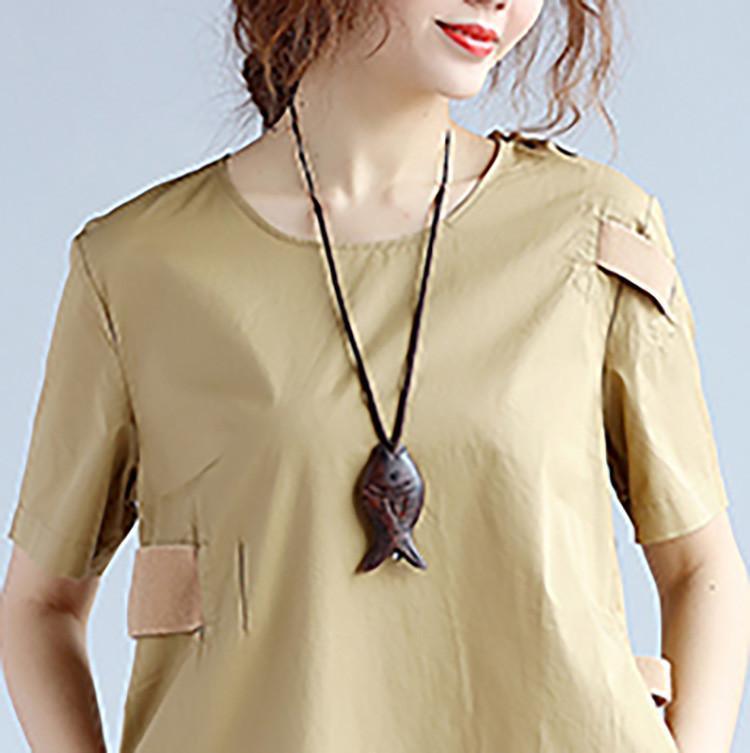 Cotton Women Splicing Short Sleeves Khaki Dress - Omychic
