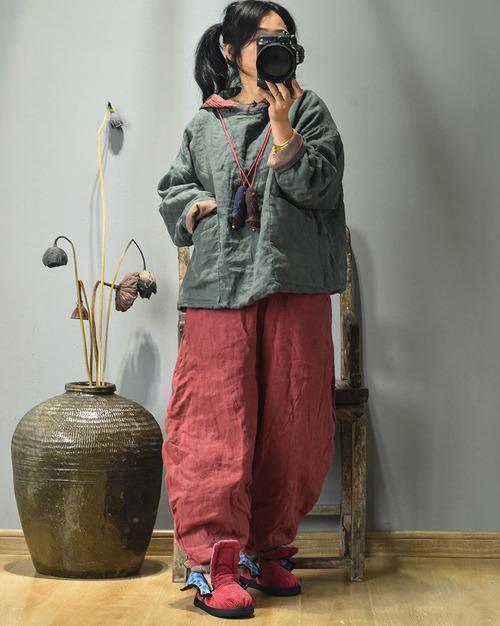 Women Linen Patchwork Hooded Coat Parkas Ladies Vintage Flax Tops Female 2020 Outerwear 2020 Autumn Winter - Omychic