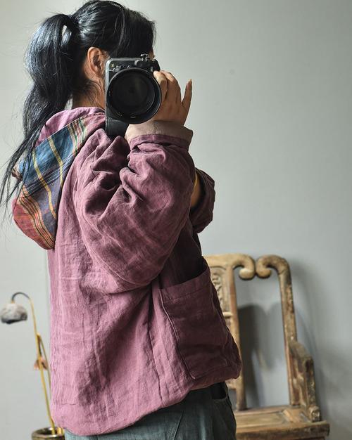 Women Linen Patchwork Hooded Coat Parkas Ladies Vintage Flax Tops Female 2020 Outerwear 2020 Autumn Winter - Omychic