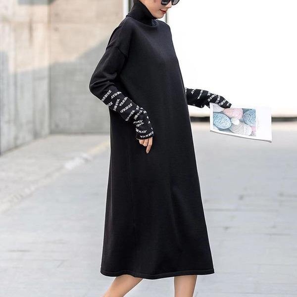 Women Dress Fashion New Turtleneck Striped Plus Size Loose Pleated 2020 Winter Minority Elegant Style Dress - Omychic