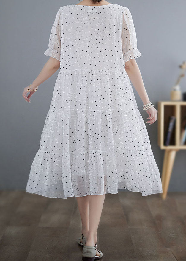 Fine White V Neck Wrinkled Dot Patchwork Chiffon Dress