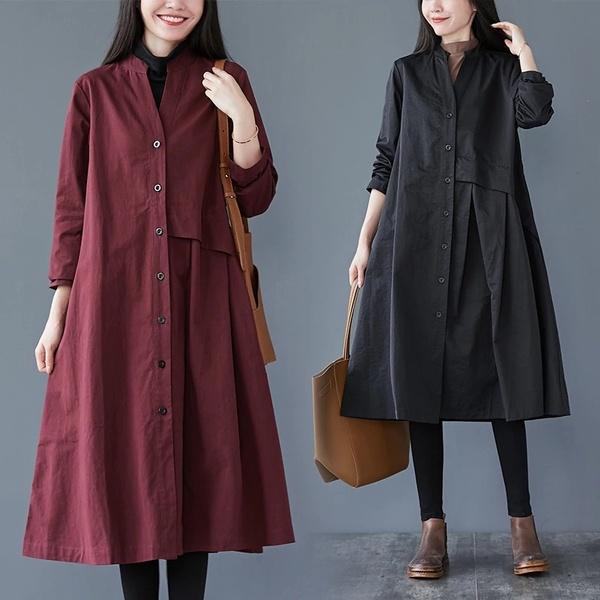 long sleeve plus size cotton linen vintage for women casual loose spring autumn shirt dress - Omychic