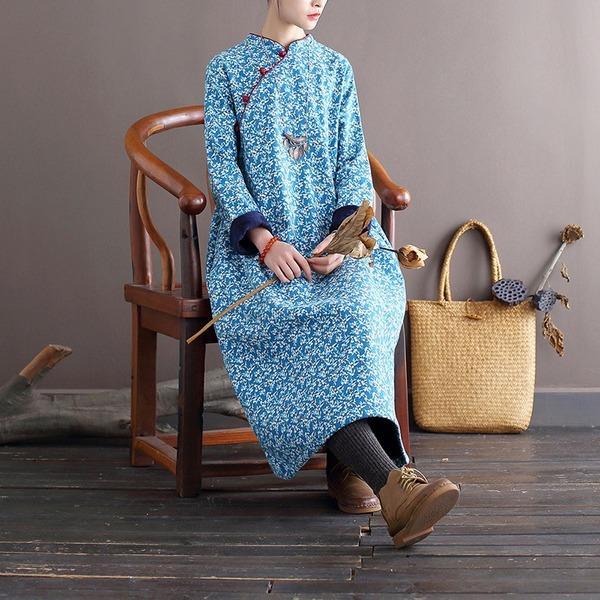 Omychic Loose Printed Stand Collar Dress  2020 Autumn Winter Dress - Omychic