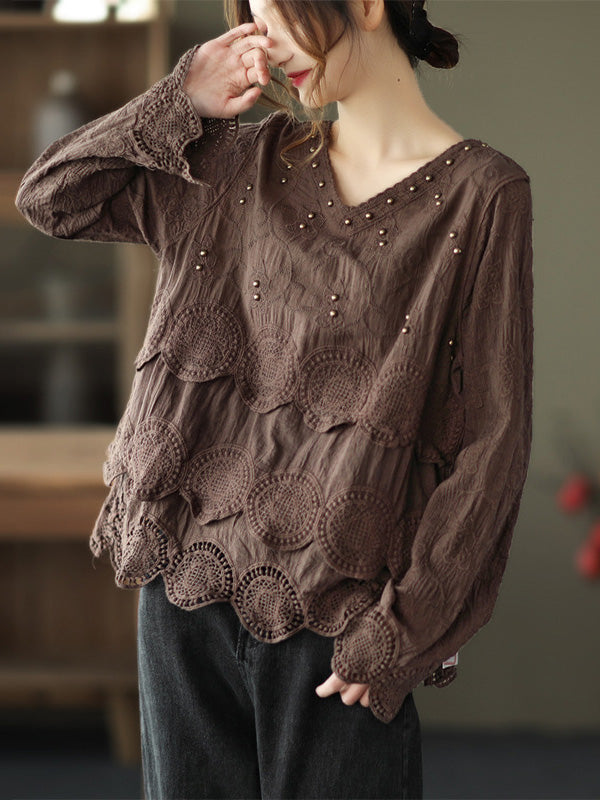 Black & Coffee Lace Hollow V-Neck Long Sleeve Shirts