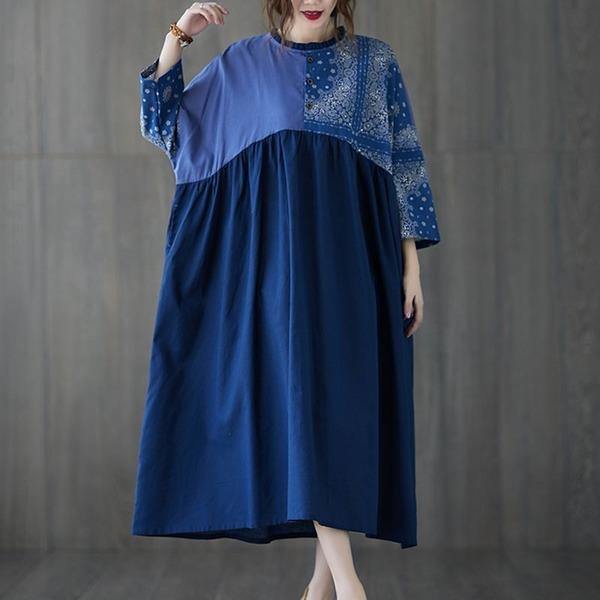 Oversized Women Cotton Linen Casual Dress Vintage Style Patchwork Color Loose Female Long Dresses - Omychic