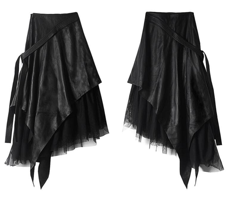 Urban Black Asymmetrical PU Leather Patchwork Tulle Skirt