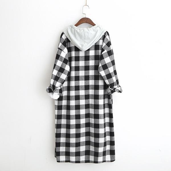 Autumn Single Breasted Hooded Casual Long Plaid Coat 2020 New Korean Long Sleeve Pockets - Omychic