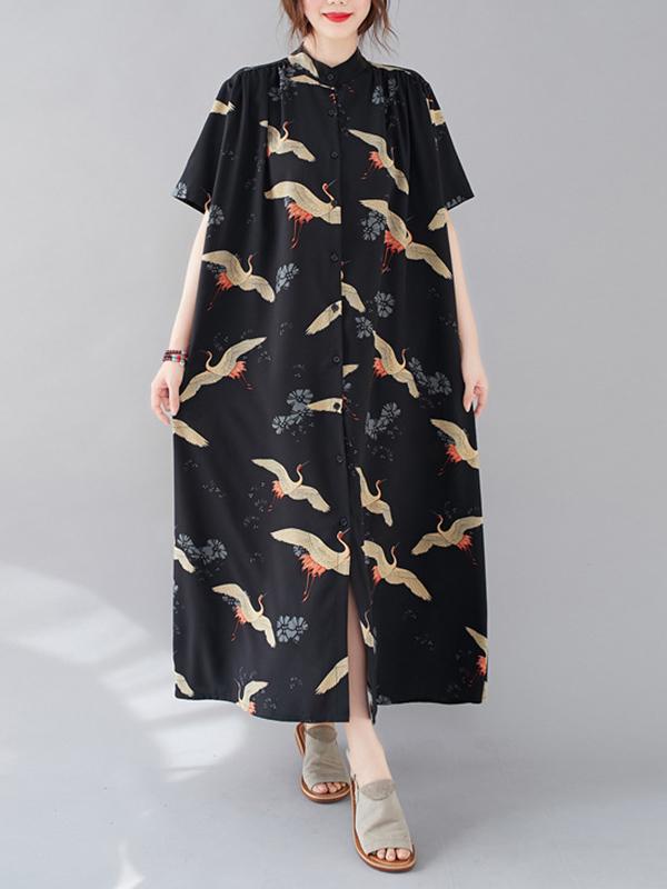 Women Summer Printed Stand Collar Shirt Dress