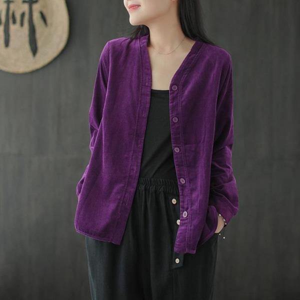 V-neck Single Breasted Long Sleeve Corduroy Coats Simple Comfortable All-match Women Coat - Omychic