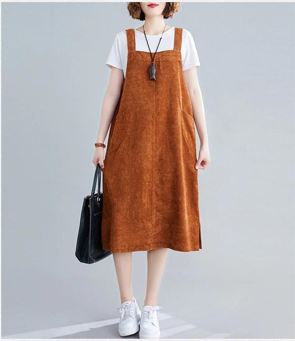 sleeveless plus size corduroy vintage women casual loose midi autumn winter vest elegant party dress clothes - Omychic