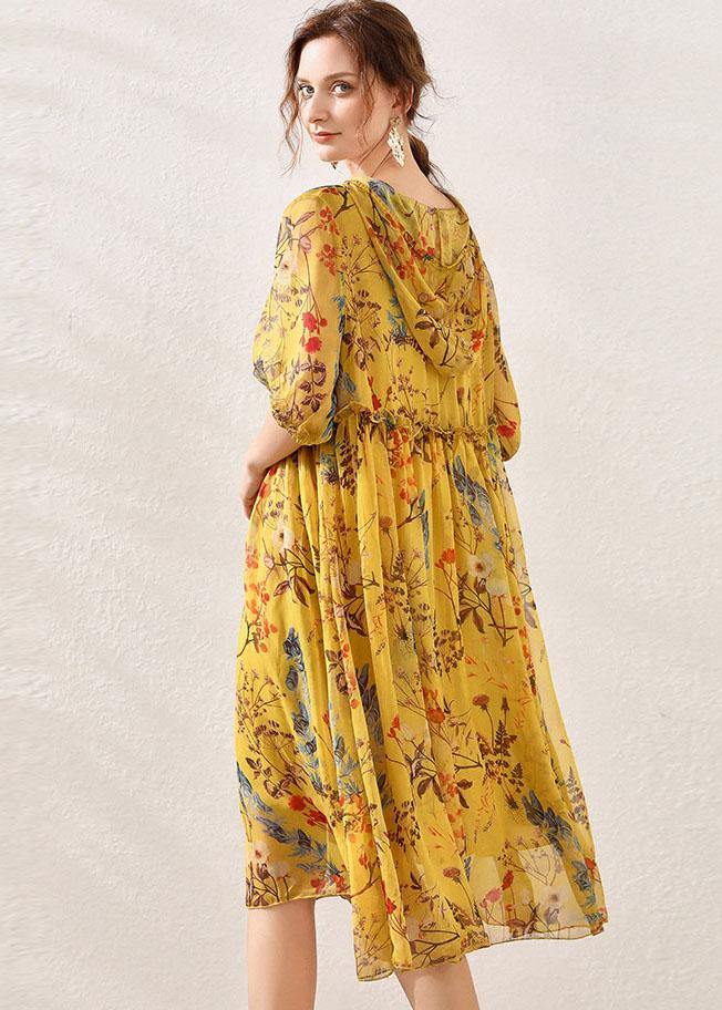 Beautiful Yellow Print Hooded Patchwork Summer Chiffon Summer Dress