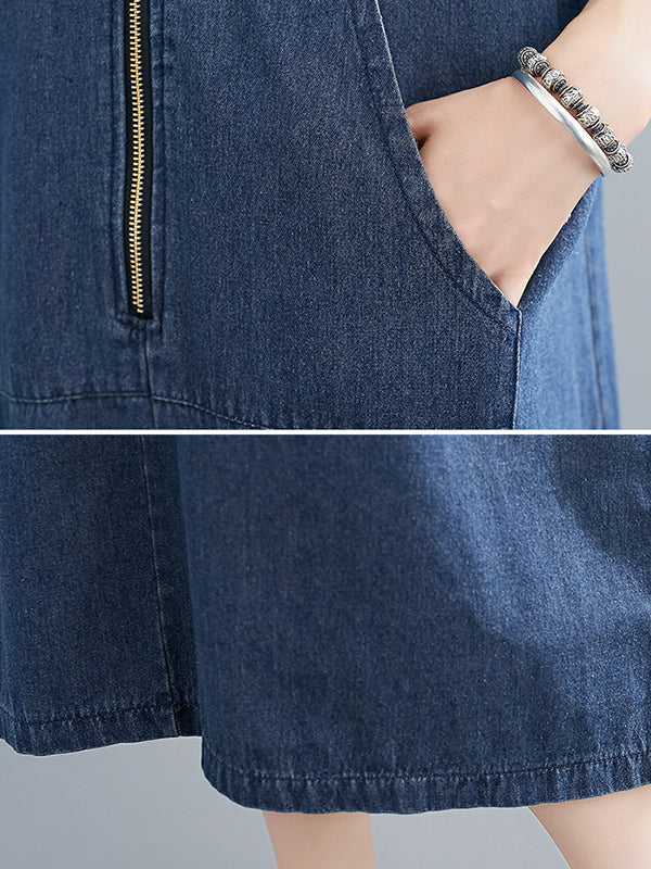 Zipper Loose Hooded Midi Dress Sleeveless