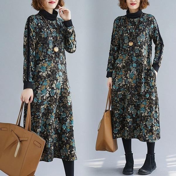 omychic plus size cotton vintage floral women casual loose autumn winter dress - Omychic