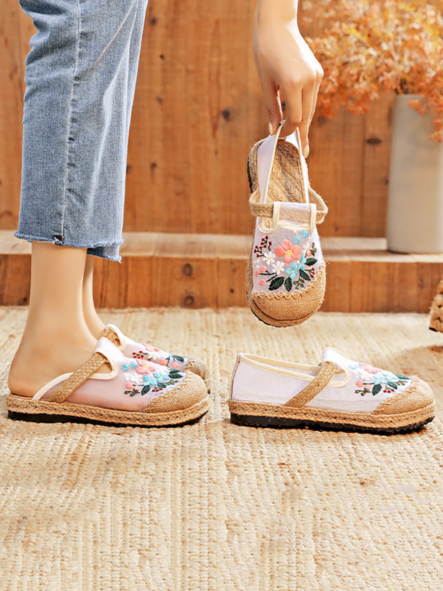 Women Summer Embroidery Flower Straw Flat Shoes