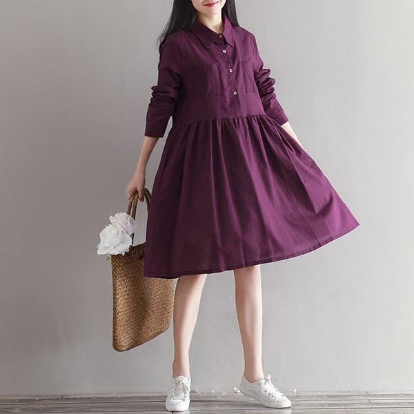 Women Cotton Linen Casual Dress New 2020 Simple Style Knee-length A-line Dress - Omychic