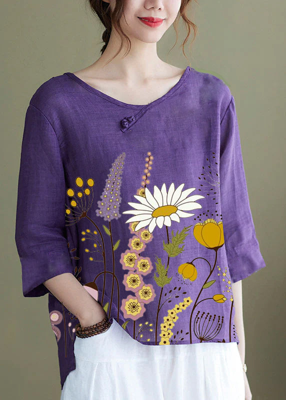 DIY purple-cashew pattern Embroideried side open Half Sleeve Top