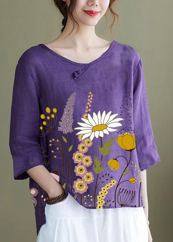 DIY purple-hem flower Embroideried side open Half Sleeve Top