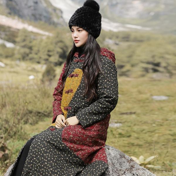 Print Floral Chinese Style Winter Women Clothing Warm Parkas - Omychic