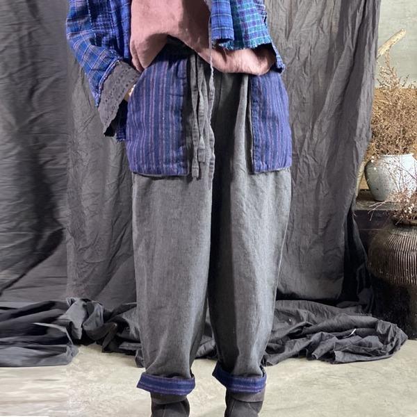 Omychic Autumn Winter Cotton Linen Retro Patchwork Pocket Elastic Waist Harem Pants - Omychic