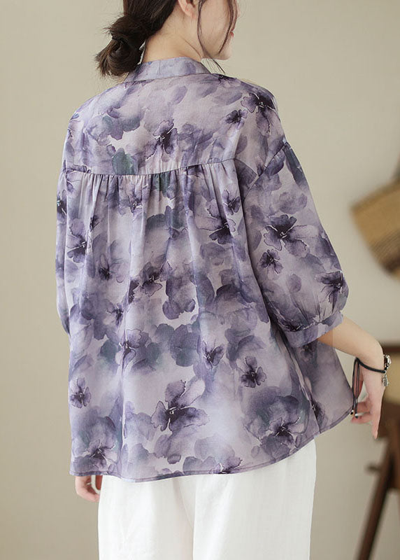 Vintage Purple Stand Collar Print Patchwork Cotton Shirt Tops Summer