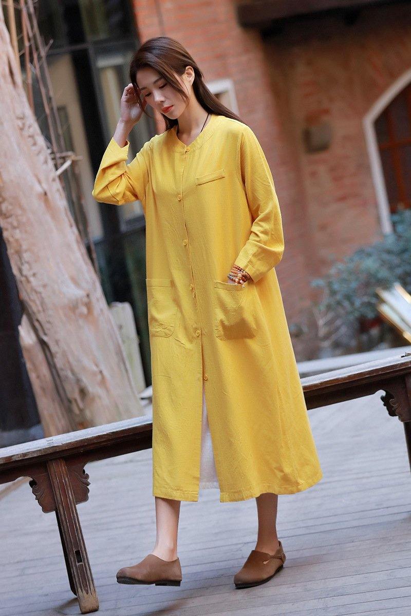 Cotton Linen Women Long Trench Spring Summer Long Sleeve Pocket Solid Linen Trench Coats - Omychic