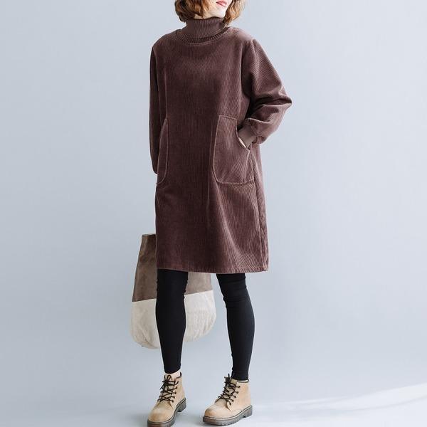 long sleeve plus size corduroy vintage women casual loose mini short autumn winter elegant dress clothes - Omychic