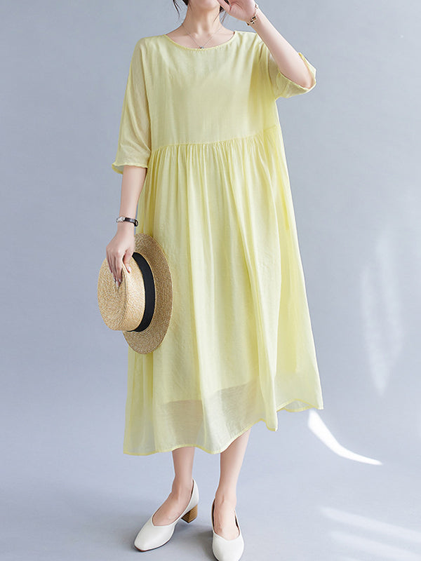 Pleated See-Through Solid Color Split-Joint  Midi Dress
