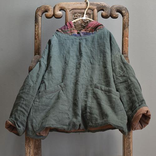 Women Linen Patchwork Hooded Coat Parkas Ladies Vintage Flax Tops Female 2020 Outerwear 2020 Autumn Winter - Omychic