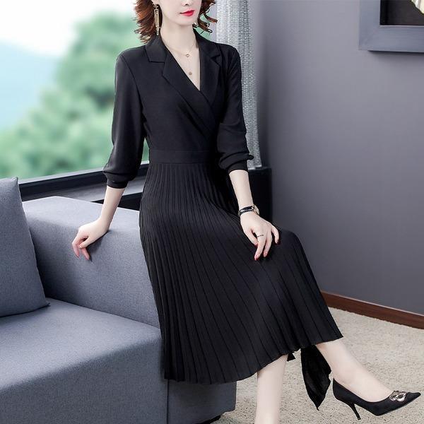 long sleeve plus size black for women casual loose spring autumn Wrap Pleated blazer dress - Omychic