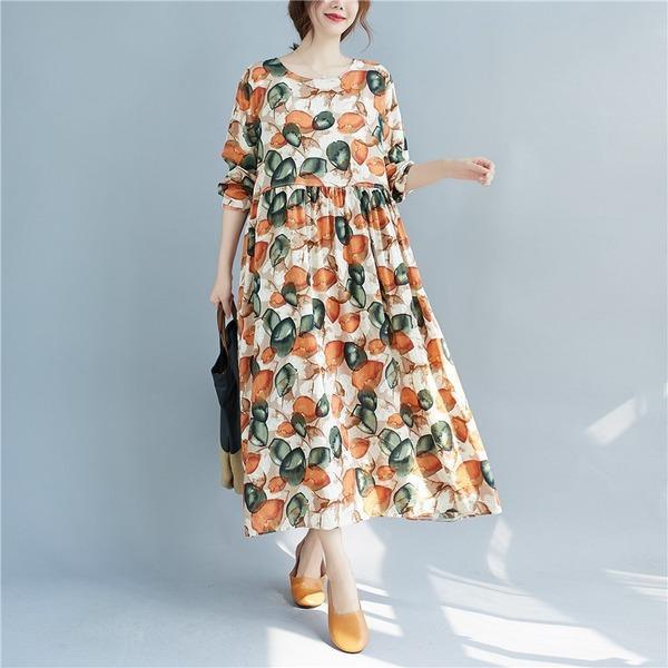 long sleeve cotton linen plus size vintage floral for women casual loose summer autumn dress - Omychic