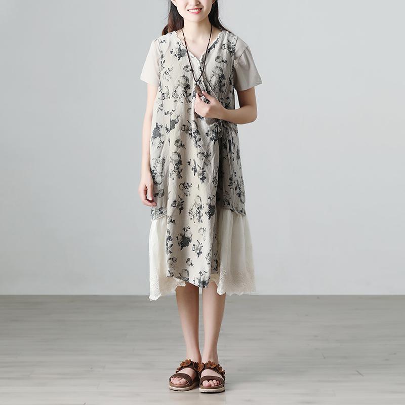 Casual Summer Short Sleeve Floral Beige Long Dresses - Omychic